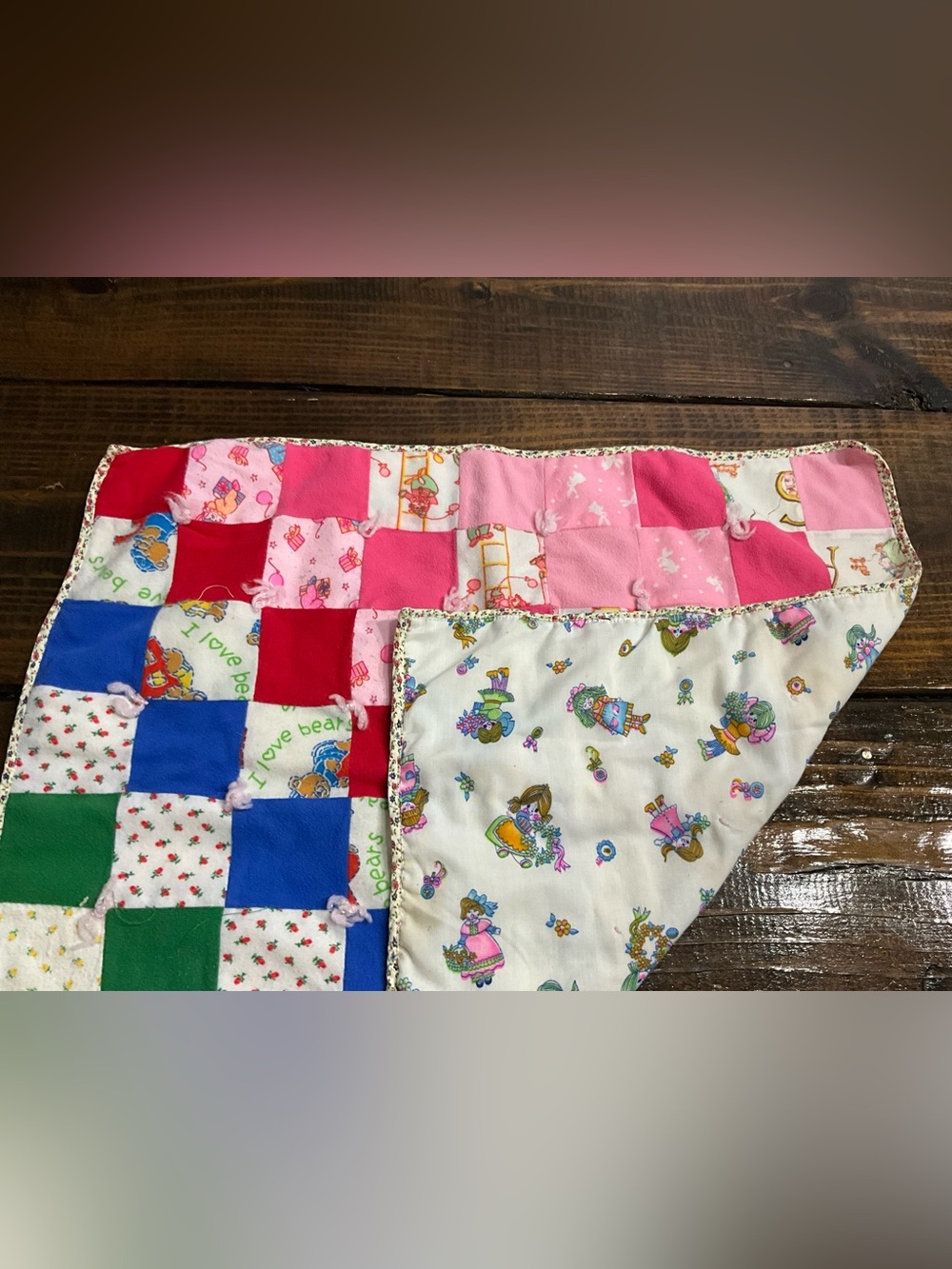 Handmade Double Sided Doll or Baby Blanket Patchwork Dolls Bears Clowns Flowers